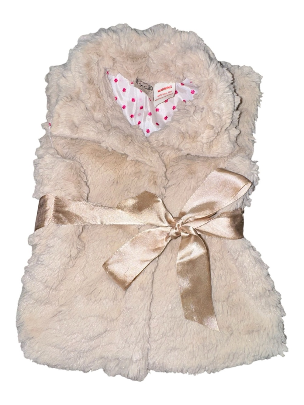 Cream Plush Faux-Fur Vest with Satin Bow